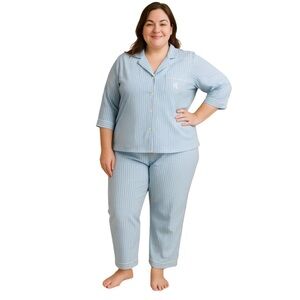 Lauren Ralph Lauren Pajama Set XL Blue Stripe 3/4 Sleeve Cotton NWT Sleepwear